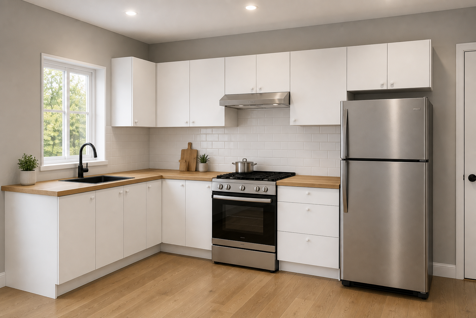 Photorealistic preview of an L-shaped white kitchen with oak countertops